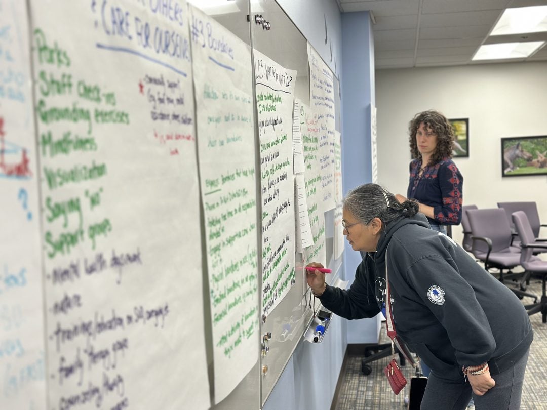 Community participants generating ideas writing on poster sheets