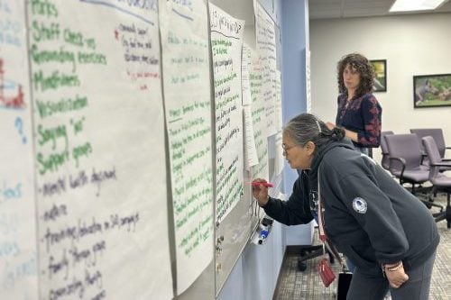 Community participants generating ideas writing on poster sheets